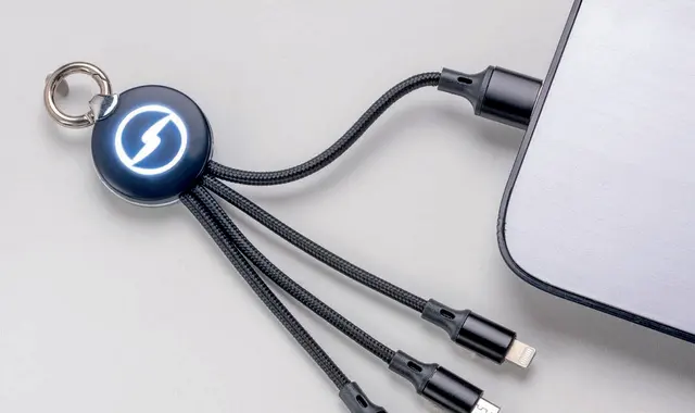 ABS and metal USB charging cable with 3 adapters: micro USB, Lightning, USB Type-C and keychain