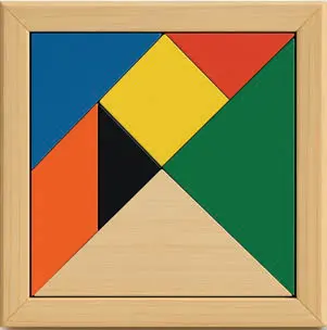 Colorful wooden tangram game, 7 pieces. •