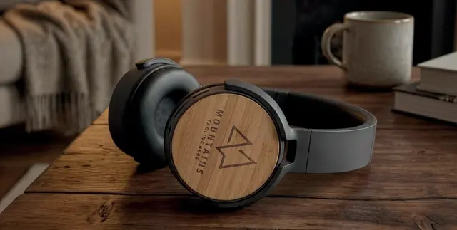 Foldable wireless headphones made of ABS and bamboo with a built-in microphone