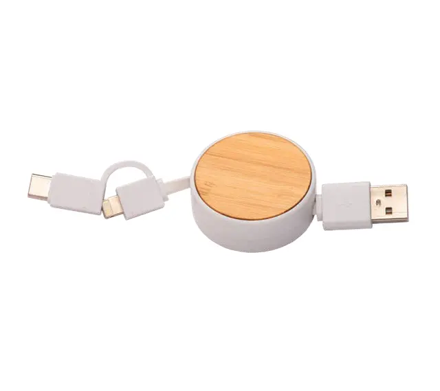 Bamboo and ABS USB charging cable with 3 adapters: micro USB, Lightning, USB Type-C