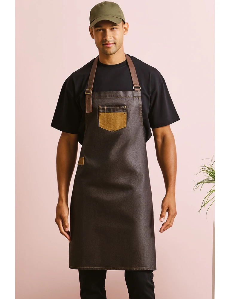 PR136 · "Division" Waxed Look Denim Bib Apron with Faux Leather