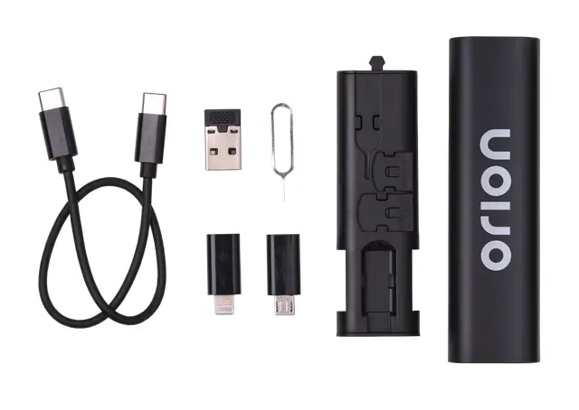 Plastic box with USB A, USB C, Lightning, and Micro USB charging cables; SIM card ejector; and slots for 1 Micro SIM...