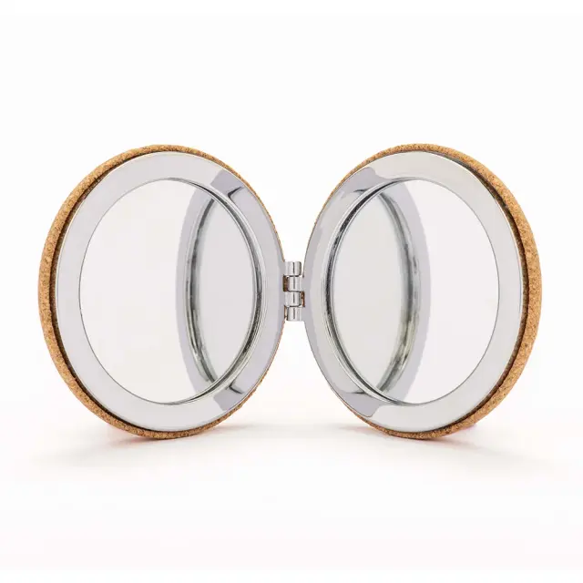 Double-sided round cork mirror. Foldable. •