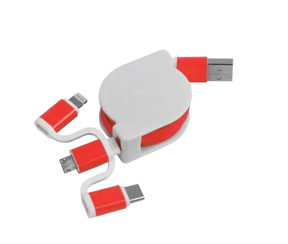 Plastic USB charging cable with 3 adapters: micro USB, Lightning, USB Type-C