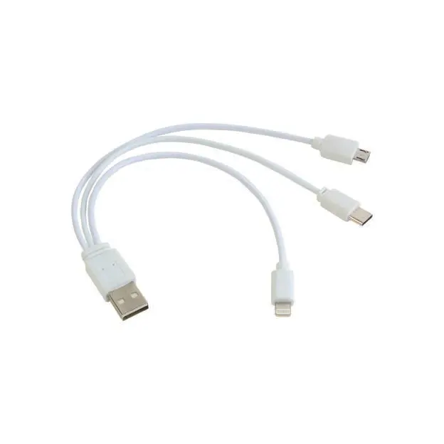 Plastic USB charging cable with 3 adapters: micro USB, Lightning, USB Type-C