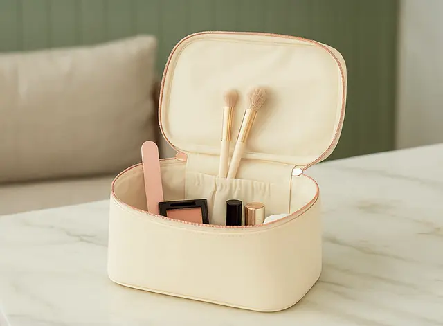 PU travel beauty case with zip closure, handle and internal pockets