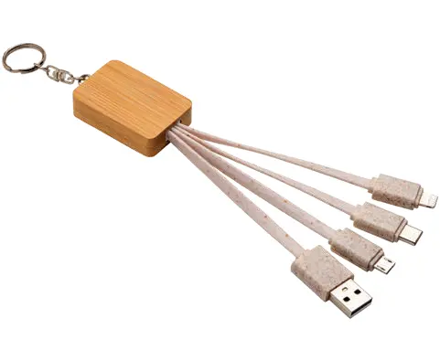 Bamboo and ABS USB charging cable with 3 adapters: micro USB, Lightning, USB Type-C and keychain