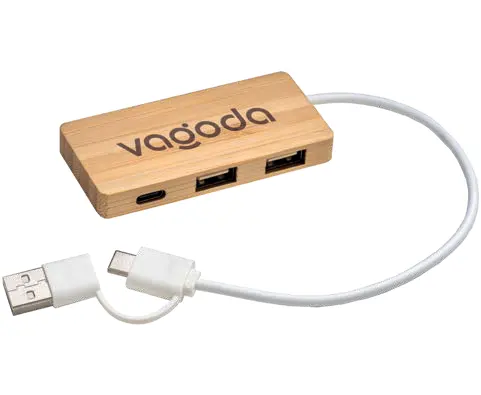 Bamboo USB hub with 2 USB A ports and 1 type C port, built-in USB A and USB C cable