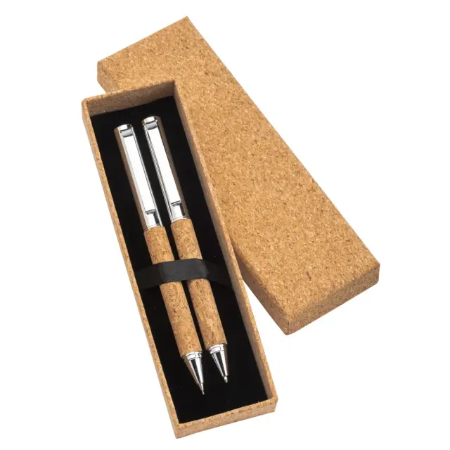 Set of a twist pen and a mechanical pencil in cork and metal