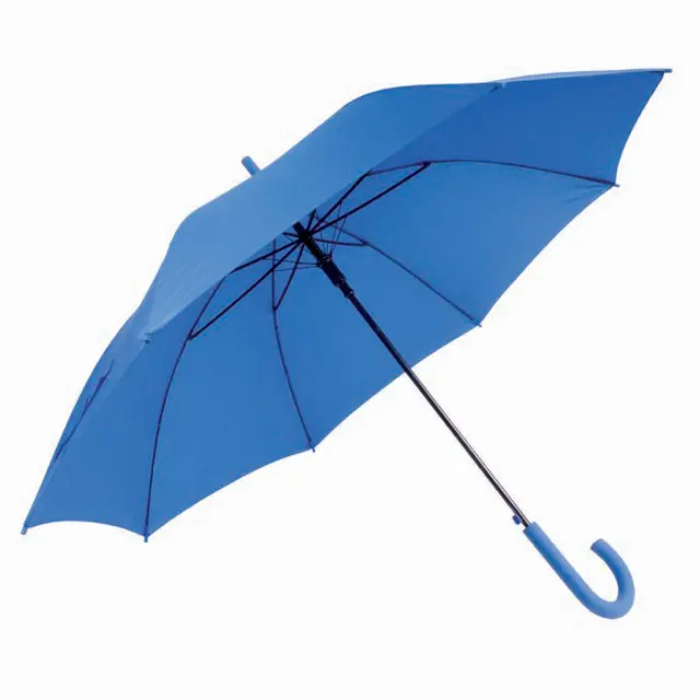 Windproof, 190T polyester auto-opening umbrella with a curved handle and rubberized tip