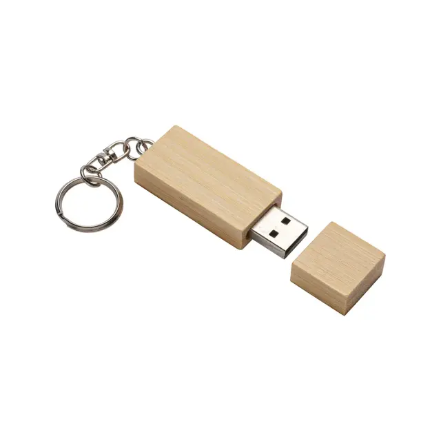 4GB bamboo USB flash drive with metal keychain