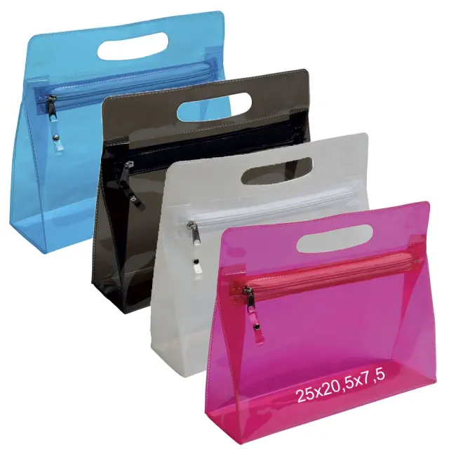 Clear PVC beauty case. Gusseted base and
